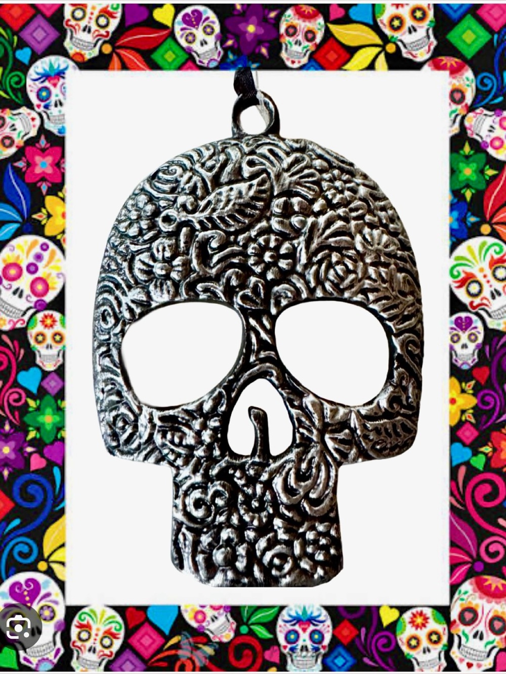 Ornate Silvertone Sugar Skull Dia de los Muertos Calavera Day of Dead appx 5”x6”